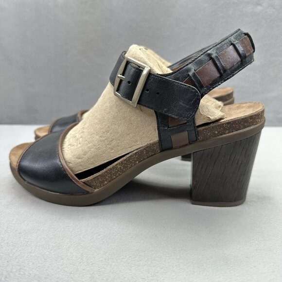 Womens 9.5-10 / EU 40 Dansko Debby Heeled Sandals Black Leather Raffia Chunky - Picture 3 of 8
